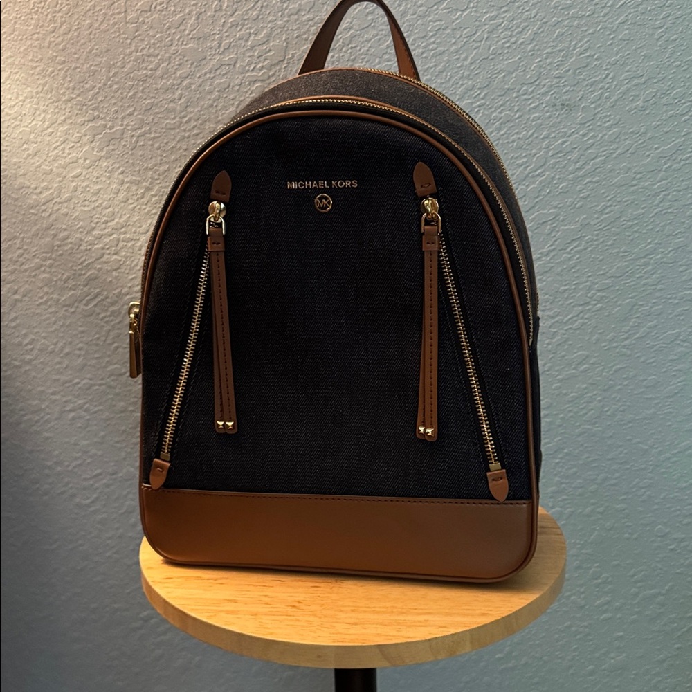 Michael Kors Navy Denim and Tan Backpack